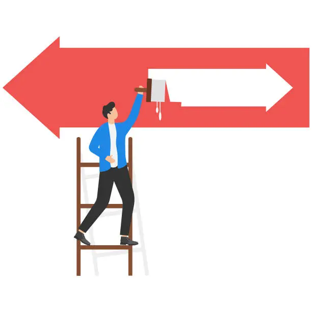 Vector illustration of businessmen with a roller painting a white arrow changes to the opposite direction. Decision to change to better opportunity. Vector illustration