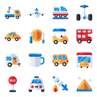 This icon pack of travel has a colorful collection of transportation. You can explore this set, grab it to use in a wide range of projects like travel, tourism, logistics, leisure and supplies etc