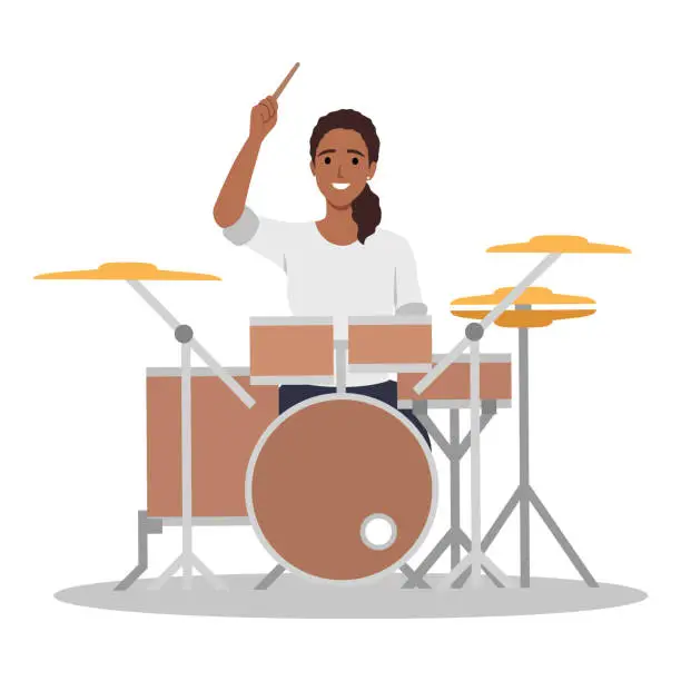 Vector illustration of Drummer musician playing modern music at drum kit. Girl player, solo performer with drumsticks performing on percussion instrument with cymbals.