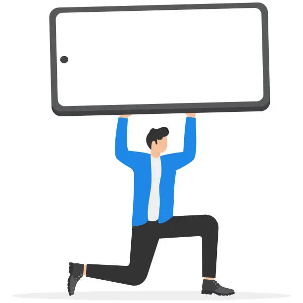 Vector illustration of Businessman carrying huge with smartphone. Frustrated phone user. Social network and Telephone life makes him crazy. Flat vector illustration