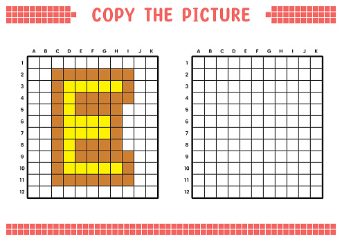 Copy the picture, complete the grid image. Educational worksheets drawing with squares, coloring cell areas. Preschool activities, children's games. Cartoon vector illustration, pixel art. Letter E.