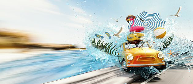 Orange retro car with palm leaf wings emerging from sea water. Summer travel concept with beach accessories and copy space. 3D Rendering, 3D Illustration