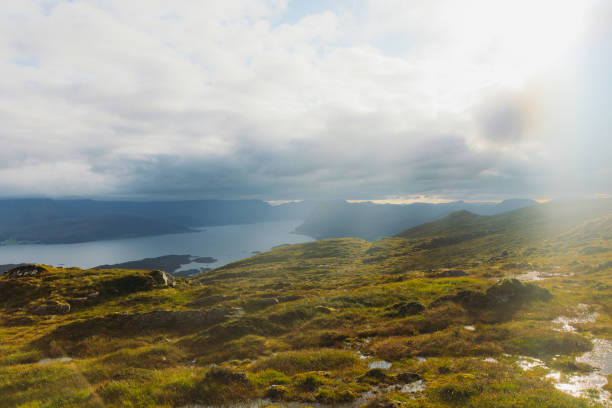 Dramatic view of meadow on the mountain peaks with background view of the fjord covered by the soft sunshine in Western Norway