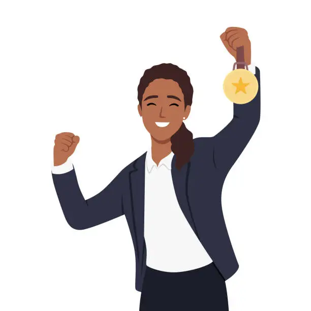 Vector illustration of Young black businesswoman winner with award champion gold medal celebrates victory and success.