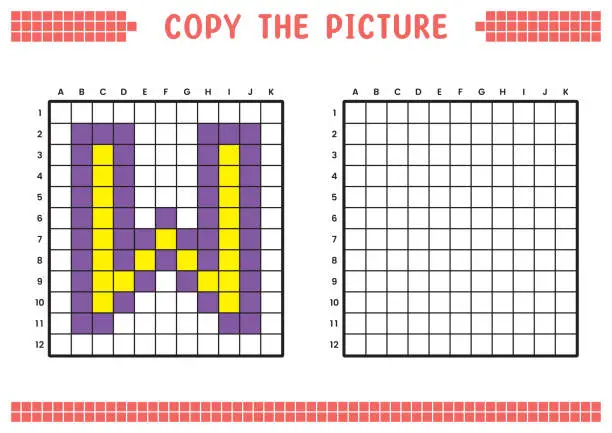 Vector illustration of Copy the picture, complete the grid image. Educational worksheets drawing with squares, coloring cell areas. Preschool activities, children's games. Cartoon vector illustration, pixel art. Letter W.