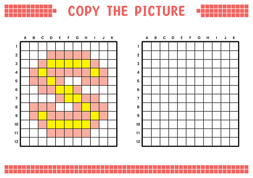 Copy the picture, complete the grid image. Educational worksheets drawing with squares, coloring cell areas. Preschool activities, children's games. Cartoon vector illustration, pixel art. Letter S.