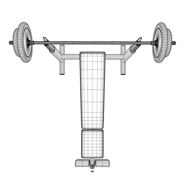 Vector illustration of Wireframe of Gym bench and barbell on white stand isolated on white background. Vector illustration. Line art vector of Barbell Bench Press. Top view. 3D.