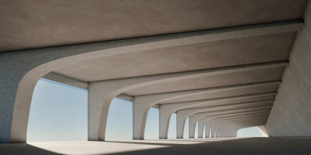 Abstract architecture design of modern futuristic building. Architectural background with concrete columns in minimal hall interior.