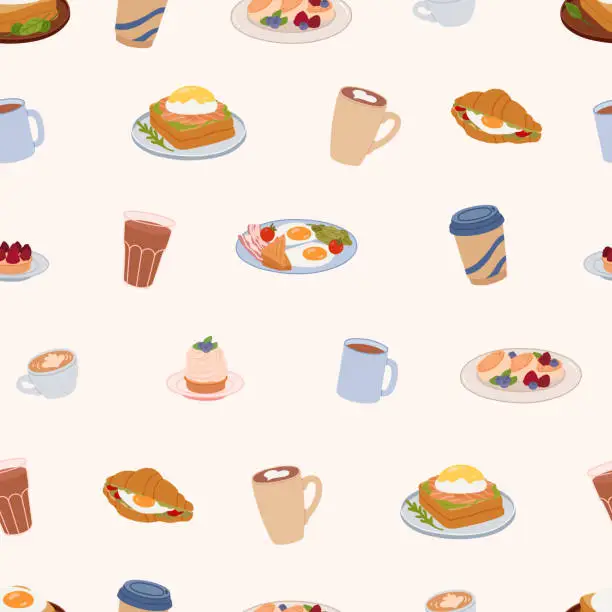 Vector illustration of Seamless pattern of delicious meal. Toast, croissant, fried eggs, cheesecakes, desserts. Coffee drinks in different mugs. Food for breakfast or brunch. Flat vector background