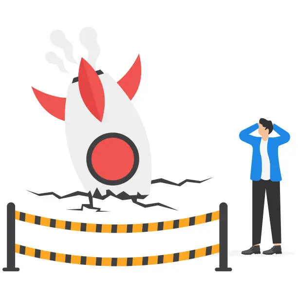 Vector illustration of Fail start up business, new business risk or unexpected entrepreneur bankruptcy concept, depressed businessman company owner stand on crash launching space rocket metaphor of new business failure.