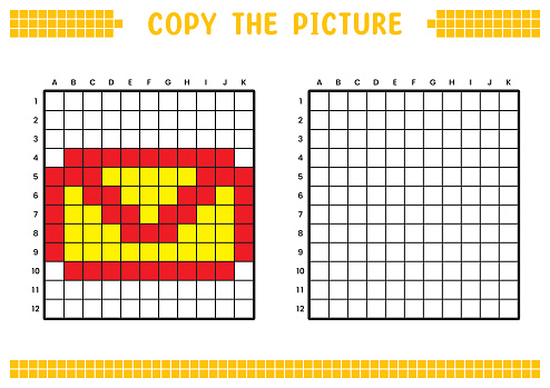 Copy the picture, complete the grid image. Educational worksheets drawing with squares, coloring cell areas. Preschool activities, children's games. Cartoon vector illustration, pixel art. Envelope.