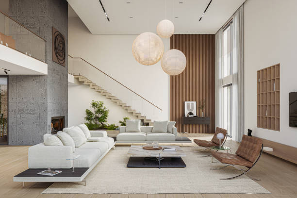 istock Open space living room and kitchen interior with large windows, TV wall, gray sofa, fireplace and stairs. Modern design solution, 3d rendering 2135162053