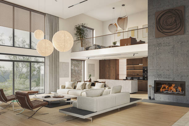 istock Open space living room and kitchen interior with large windows, TV wall, gray sofa, fireplace and stairs. Modern design solution, 3d rendering 2135162056