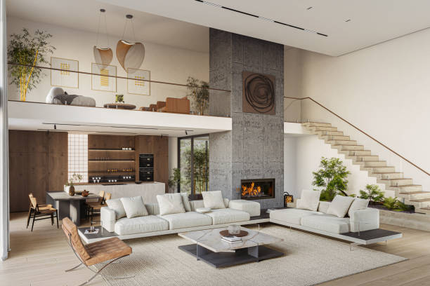 istock Open space living room and kitchen interior with large windows, TV wall, gray sofa, fireplace and stairs. Modern design solution, 3d rendering 2135162060
