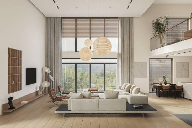 istock Open space living room and kitchen interior with large windows, TV wall, gray sofa, fireplace and stairs. Modern design solution, 3d rendering 2135162063