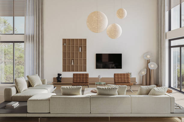 istock Open space living room and kitchen interior with large windows, TV wall, gray sofa, fireplace and stairs. Modern design solution, 3d rendering 2135162064