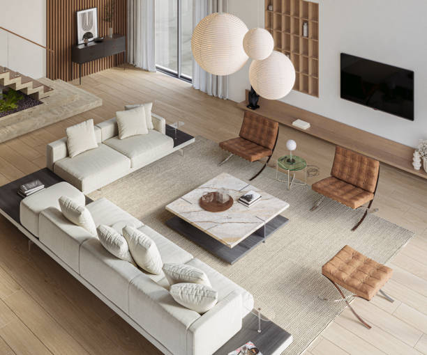 istock Open space living room and kitchen interior with large windows, TV wall, gray sofa, fireplace and stairs. Modern design solution, 3d rendering 2135162572