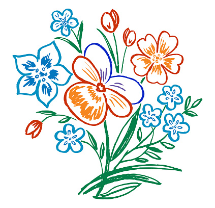 Bouquet,spring flowers,contour drawings, floral design element,violets, daisy,tulip, leaves, petals, bunch,posy, orange,blue, greeting,card,vector textured hand drawn illustration isolated on white