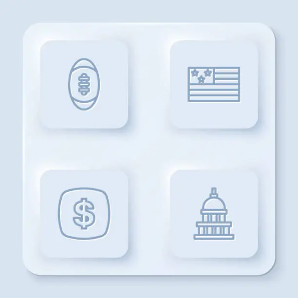 Vector illustration of Set line American Football ball, flag, Dollar symbol and White House. White square button. Vector