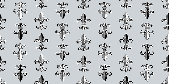 Fleur De Lys, Lily medieval, heraldic;Coat Of Arms; French,Gothic Style;seamless pattern, gray background, black,white, wallpaper,paper