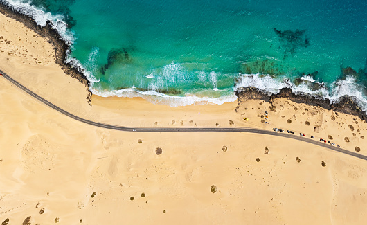 Top down aerial view of Corralejo Park coast, Fuerteventura, Spain