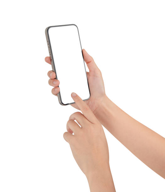 istock Hand holding smartphone with blank screen isolated on white background. 2135200816