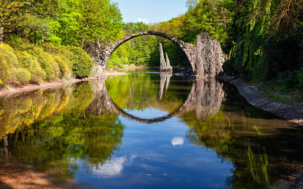 Arch Bridge (Rakotzbrucke, Devil’s Bridge) in Kromlau, Germany, with reflections in calm water
