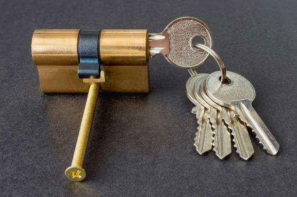 istock Cylinder lock internal mechanism pin with keys on a dark background 2135234566