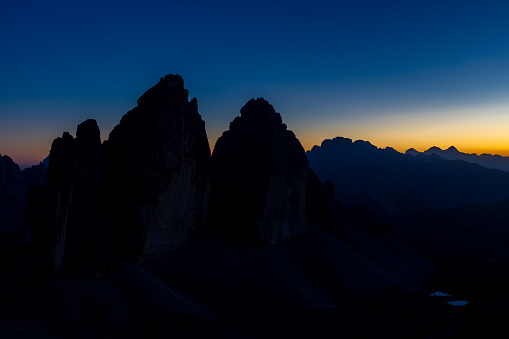 Italian Alps beautiful landscape. Tre Cime di Lavaredo peaks in Dolomites, Italy. Sunny morning light in Dolomiti Alps