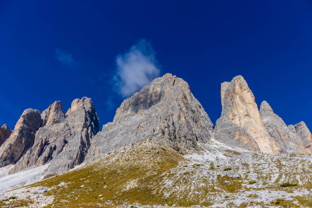 Italian Alps beautiful landscape. Tre Cime di Lavaredo peaks in Dolomites, Italy. Sunny morning light in Dolomiti Alps
