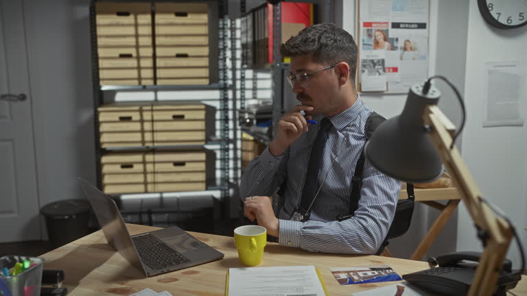 A pensive hispanic detective with a badge reflects in his office while holding a pen and coffee mug beside a laptop and investigative files.
