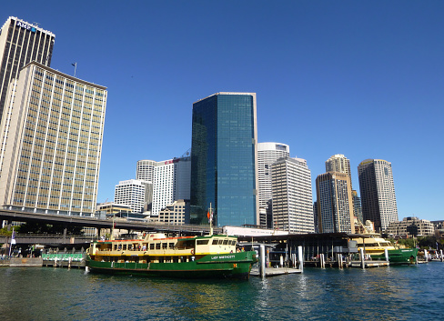 Sydney, Australia - July 30, 2014: Harbour ferries berthed at Circular Quay, Sydney, Australia.