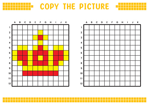 Copy the picture, complete the grid image. Educational worksheets drawing with squares, coloring cell areas. Preschool activities, children's games. Cartoon vector illustration, pixel art. King crown.