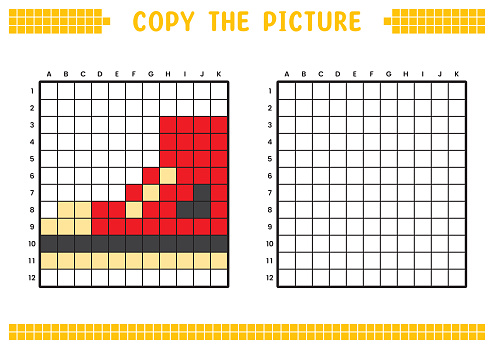 Copy the picture, complete the grid image. Educational worksheets drawing with squares, coloring cell areas. Preschool activities, children's games. Cartoon vector illustration, pixel art. Red shoe.