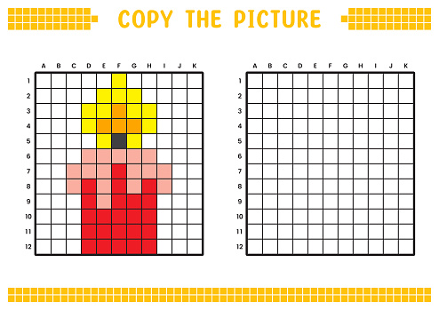 Copy the picture, complete the grid image. Educational worksheets drawing with squares, coloring areas. Preschool activities, children's games. Cartoon vector illustration, pixel art. Fire and candle.