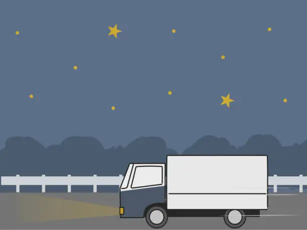 Vector illustration of Truck moving on the road at night