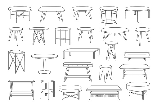 Coffee tables outline icon set. Line art tables for living room decor. Trendy linear sketches of round and rectangular tables. Outline monochrome vector illustration isolated on white background.