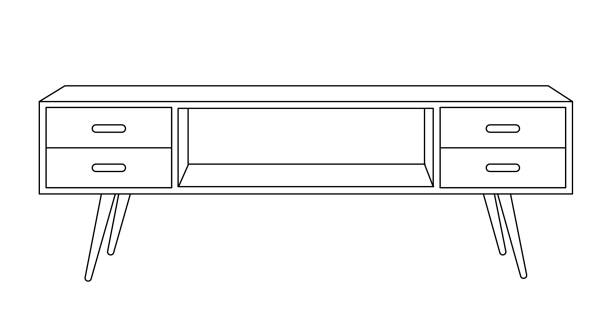 チェストのアウトライン アイコン。テレビ台、ドレッサーの線画イラスト。モダンな箪笥、家のインテリアのためのスカンジナビアスタイルの家具。白い背景に分離された線形ベクトル図。 - closet cabinet dresser drawer点のイラスト素材／クリップアート素材／マンガ素材／アイコン素材