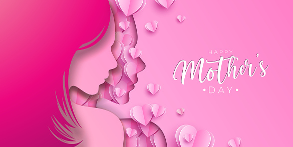 Happy Mother's Day Greeting Card Design with Paper Heart and Woman Face Silhouette on Light Pink Background. Vector Mothers Day Illustration for Banner, Postcard, Flyer, Invitation, Brochure, Poster