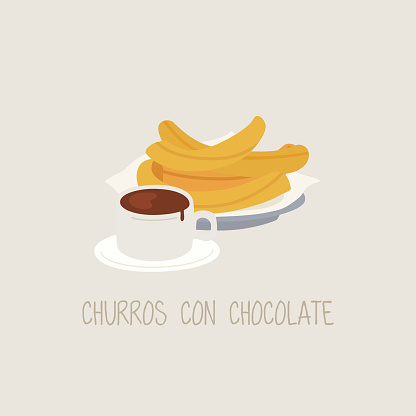 Churros with chocolate. Traditional spanish breakfast or snack. Cup of Hot chocolate. Vector
