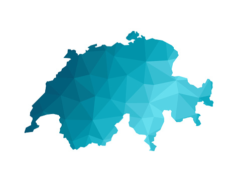 Vector illustration with simplified blue silhouette of Switzerland map. Polygonal triangular style. White background.