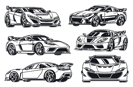 Racing cars set logotypes monochrome with automobiles options from different sides for auto repair shop interior design vector illustration