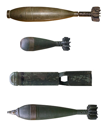 set of four aerial bomb isolated on white background. Old bomb. Aviation bomb view from above.