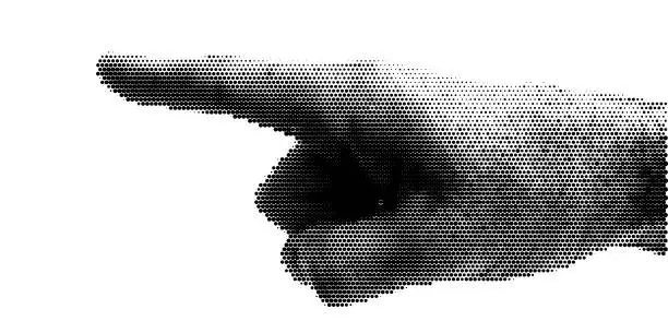 Vector illustration of Halftone dotted male hand finger point. Vector textured human arm for trendy y2k retro collage