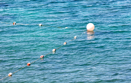 Restrictive floats on the surface of the water of the sea.