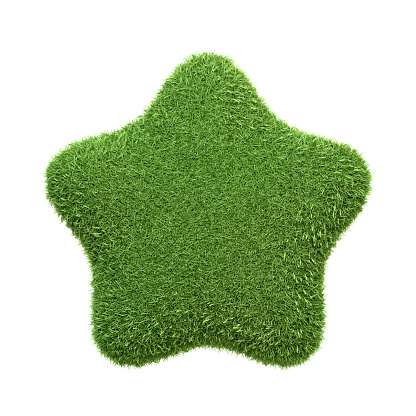 A star-shaped icon made entirely of green grass isolated on a white background, representing excellence and high quality in eco-friendly and sustainable practices. 3D render illustration
