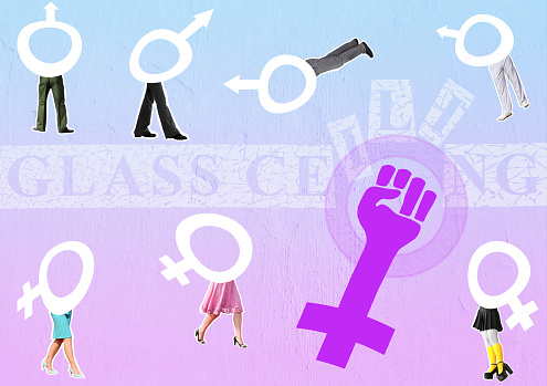 Shattering the Glass Ceiling: Feminist Power for Equality. Composite Collage. The Fist of Feminism Breaks the Glass Cceiling.