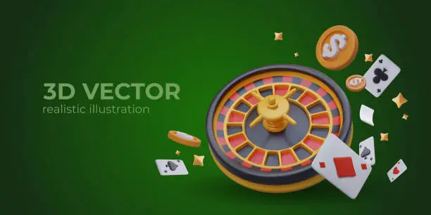 Vector illustration of Horizontal composition on green background. Online roulette, poker, blackjack