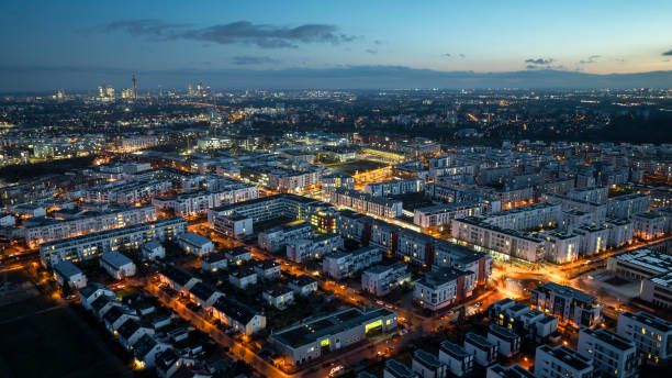 Aerial view over Frankfurt Riedberg and Mertonviertel at dusk. Frankfurt-Riedberg is a newly developed city district in the north of Frankfurt, Germany.