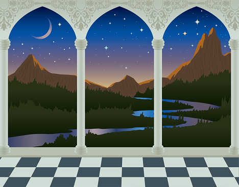 Vector Illustration of a Beautiful and Fantastical and Peaceful Scenery over a Sunset Landscape